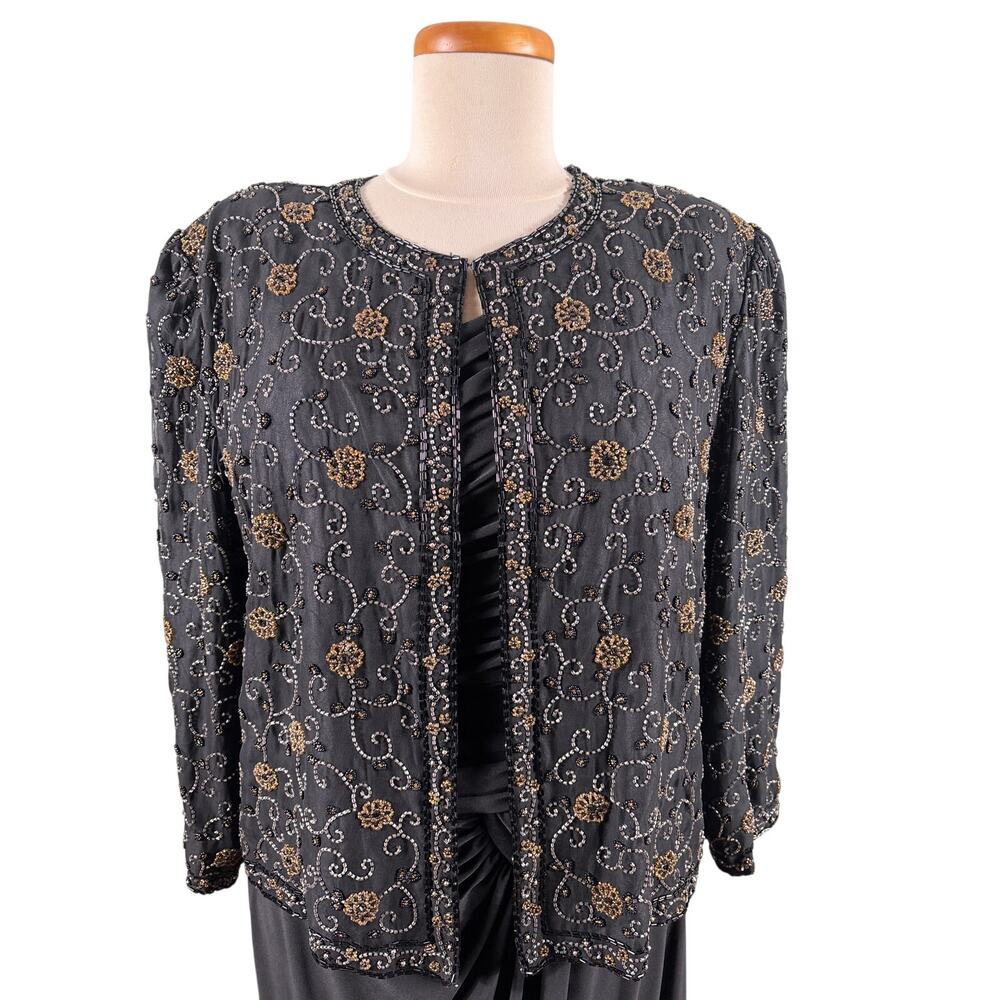 Scala Beaded Evening Jacket Women Large Black Gold Floral Formal Bolero Cardigan